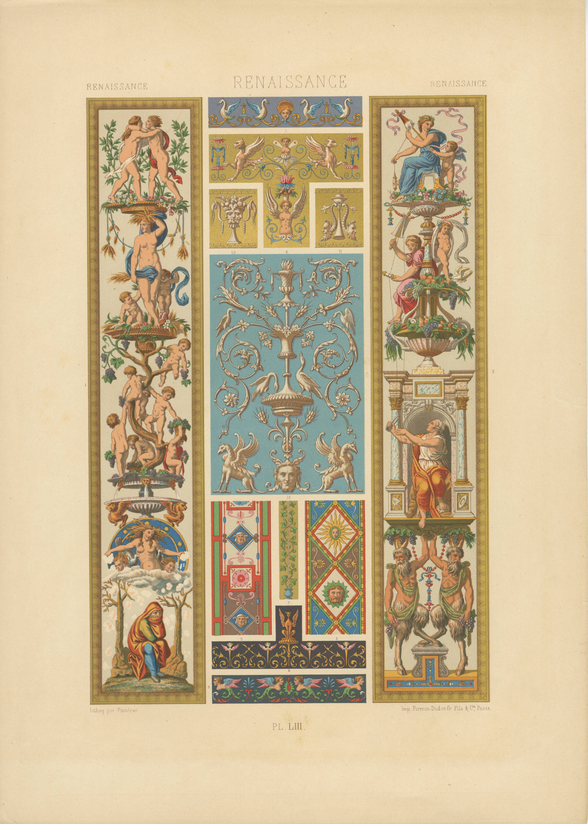 Lithograph that shows different design elements that were popular during the Renaissance.